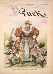 Portada de la revista estadounidense Puck (16 de noviembre de 1896). En ella, la reina María Cristina trata de sujetar a dos niños, Cuba e Islas Filipinas, que tratan de liberarse.